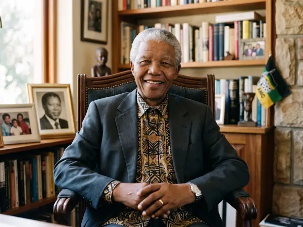 A medium close-up portrait of Nelson Mandela smiling warmly at the camera. He is wearing a grey suit jacket over a patterned gold and brown shirt, sitting in a leather chair in an office with bookshelves and framed photos in the background.