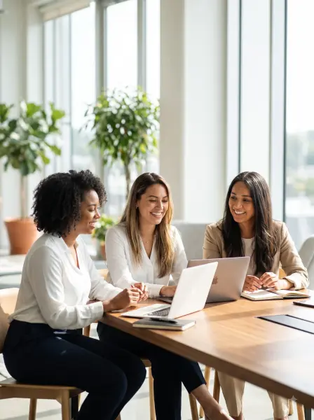 Three happy diverse businesswomen collaborating on a laptop at a sunlit wooden desk in an office.