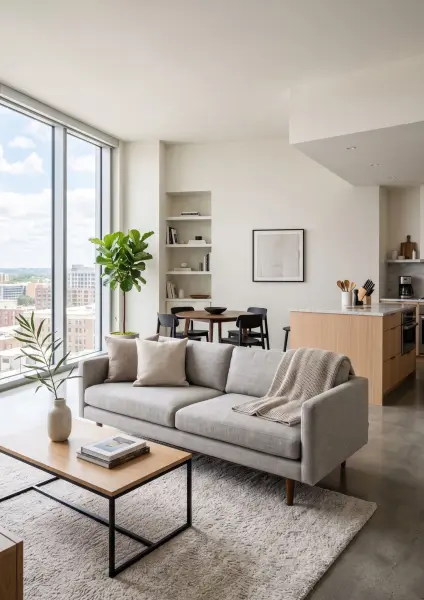 A wide shot of a spacious, light-filled modern apartment. The foreground features a living area with a light grey sofa, a wooden coffee table, and a large window overlooking a city. In the background is an open kitchen with a light wood island and a small