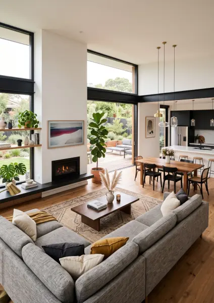 A wide view of a spacious, modern open-concept home interior. The foreground features a living area with a large grey sectional sofa, fireplace, and TV. Beyond is a wooden dining table, and in the background, a modern kitchen. Large glass doors open to an