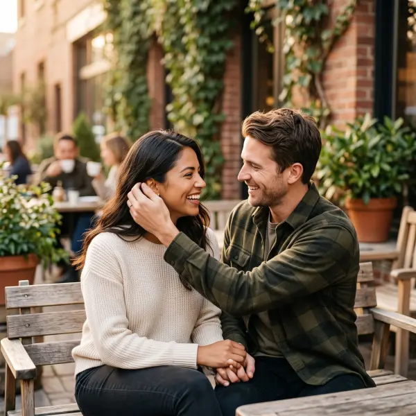 A handsome man smiling and gently touching the face of a laughing woman as they sit together at a wooden table outside a city cafe.