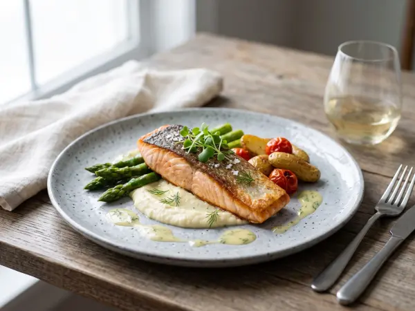 A rustic plate presenting a crispy pan-seared salmon fillet resting on a creamy puree, served with bright green asparagus, roasted baby potatoes, and blistered cherry tomatoes, next to a glass of white wine.
