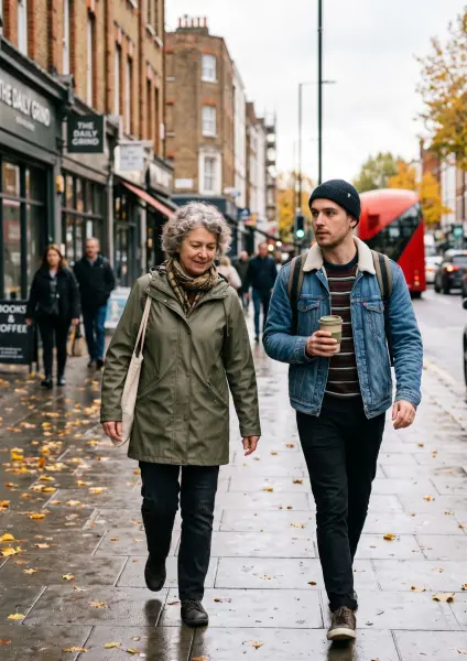 A full-length photo of an older woman in a green coat and a young man in a denim jacket and beanie walking together on a wet, leaf-strewn pavement. They are smiling and talking. In the background is a bustling London street with shops and a red double-dec
