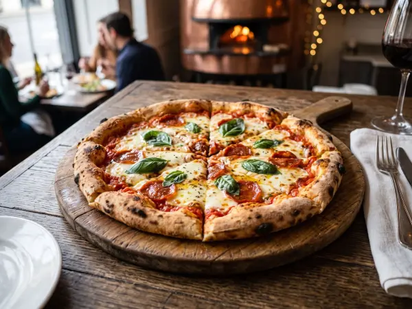 A hot wood-fired pepperoni pizza with melted cheese and basil sits on a round wooden serving board on a rustic table, with blurred diners and a glowing pizza oven in the background.