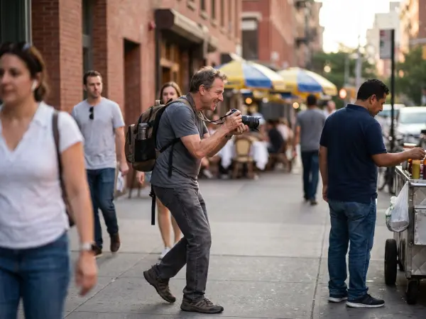 A full-length photo of an older man wearing a grey t-shirt and a backpack, walking on a busy city sidewalk. He is smiling as he holds a DSLR camera up to his eye to take a picture. Other pedestrians and a street food vendor are visible in the background.