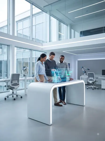 Diverse tech team interacting with a glowing holographic display on a modern smart table in a lab.