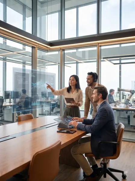 Corporate team analyzing data on a floating holographic screen and smart desk in a modern glass boardroom.