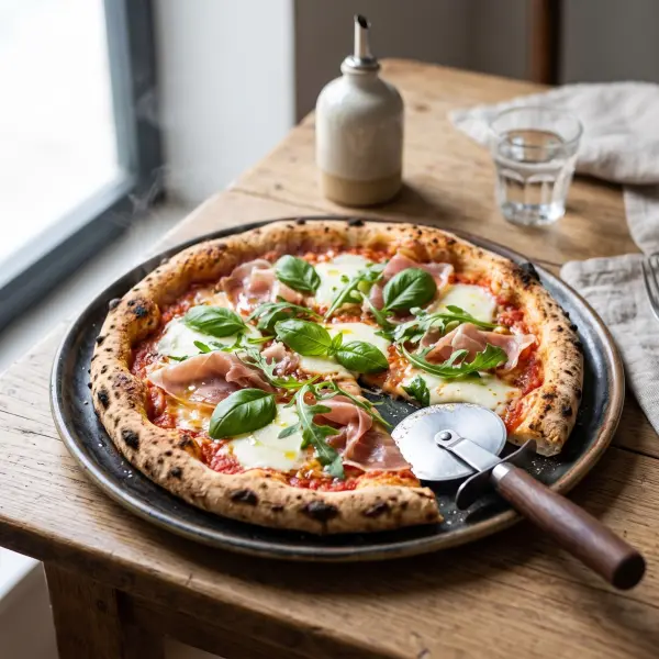 A freshly baked gourmet pizza topped with prosciutto ham, arugula, and mozzarella cheese on a dark ceramic plate with a pizza cutter, sitting on a wooden table near a window.