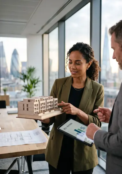 A professional businesswoman holding an architectural model of an apartment complex and a digital tablet showing ROI charts, discussing investment with a male client.