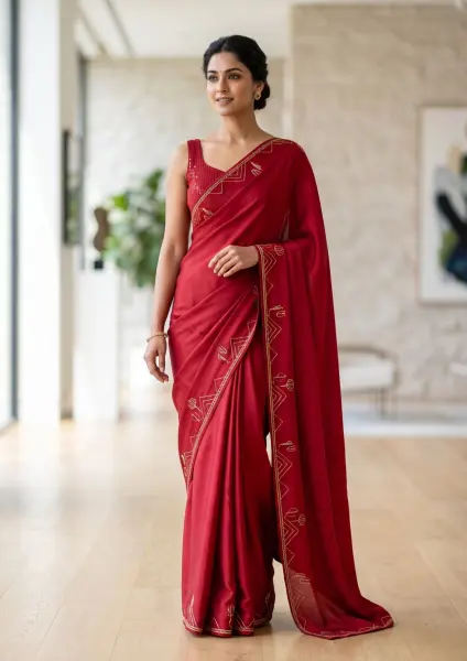 A full-length portrait of a beautiful, smiling Indian woman wearing an elegant red saree with delicate gold embroidery patterns, standing in a bright, modern living room with light wood floors.