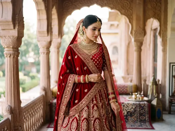 A beautiful Indian bride looking thoughtfully to the side, wearing a luxurious red velvet lehenga heavily embroidered with gold, standing in an ornate stone corridor of an old palace.