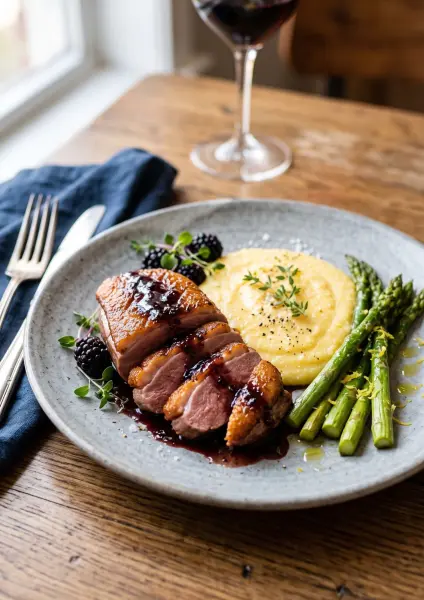 A rustic plate presenting beautifully sliced roasted duck breast drizzled with a dark glaze, accompanied by creamy yellow polenta, roasted asparagus, and fresh blackberries.