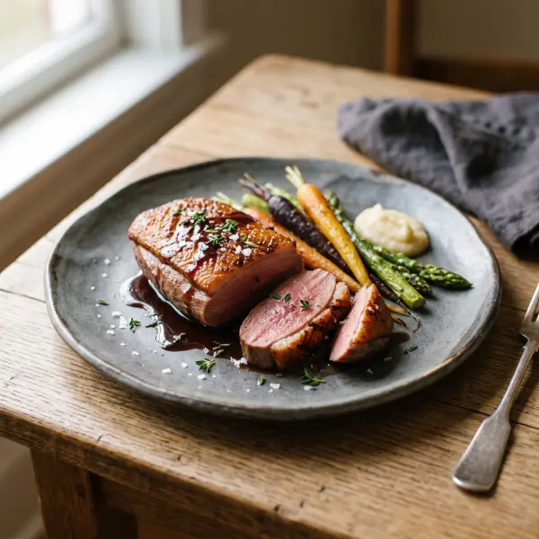 A dark ceramic plate featuring a beautifully roasted and sliced duck breast covered in a glossy dark sauce, served alongside roasted baby carrots, asparagus, and a dollop of puree on a wooden table.