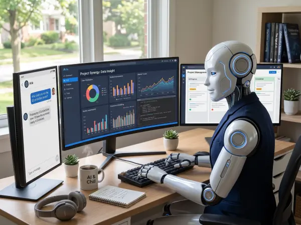 A sleek, white and blue humanoid robot sits at a wooden desk in a modern home office, typing on a keyboard. It is looking at a triple-monitor setup displaying complex data dashboards, project management tools, and a chat interface.