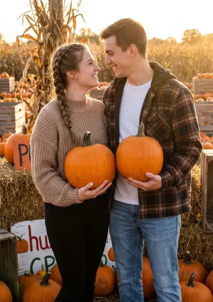 A young man and woman stand closely together in a rustic pumpkin patch, each holding a bright orange pumpkin. They are looking lovingly into each other's eyes and smiling softly. They wear cozy autumn clothing, and the scene is lit by warm, golden su