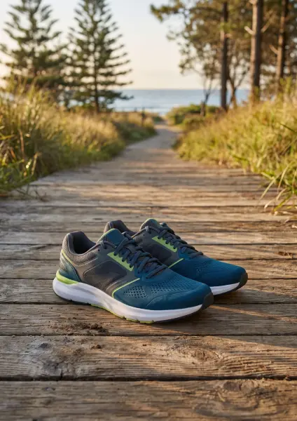A pair of blue athletic running shoes with neon green accents are sitting on a rustic wooden boardwalk. The boardwalk path leads through tall grass towards a blurred beach and ocean under a bright, sunny sky.