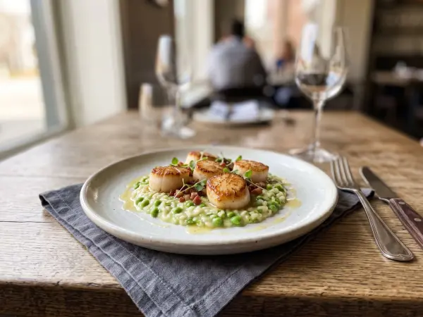 Five perfectly browned pan-seared scallops beautifully arranged on top of a bed of creamy green pea risotto, sprinkled with crispy pancetta bits and delicate microgreens on a rustic white plate.