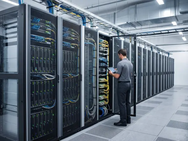 A male IT professional in a grey polo shirt holding a tablet, standing in an aisle of tall black server racks in a data center.