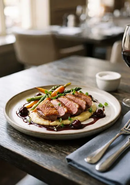 A beautifully arranged plate featuring perfectly cooked slices of duck breast resting on a smooth puree, garnished with roasted baby carrots, asparagus, dark cherries, and microgreens.