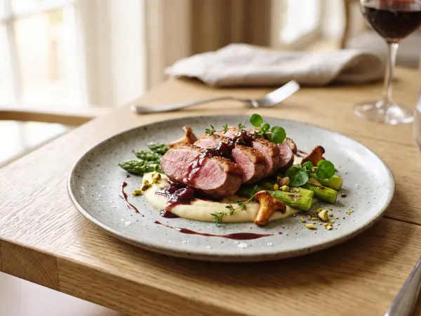 A beautifully arranged plate featuring slices of medium-rare roasted duck breast covered in a dark glossy sauce, served over a smooth puree alongside bright green roasted asparagus and chanterelle mushrooms.