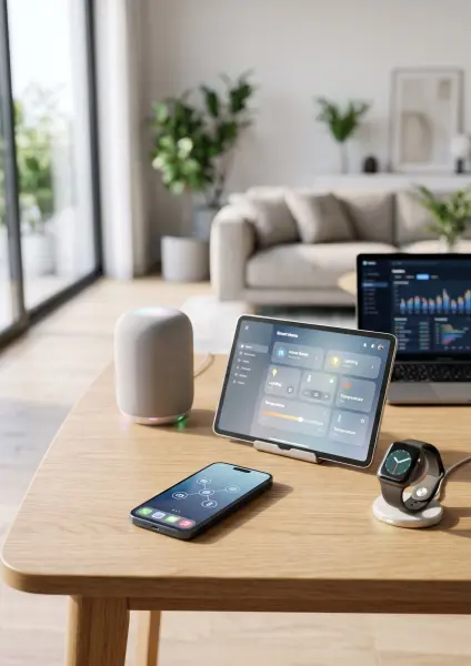 A close-up view of a light wooden table featuring several smart devices. A tablet on a stand displays a 'Smart Home' dashboard controlling lighting and temperature. Next to it are a glowing smart speaker, a smartphone, and a smartwatch on a char