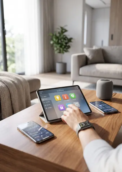 A close-up view of a person's hand touching the screen of a tablet propped up on a wooden desk. The screen displays a 'Smart Home' dashboard. A smart speaker and a smartphone are also on the desk, with a blurred modern living room in the ba