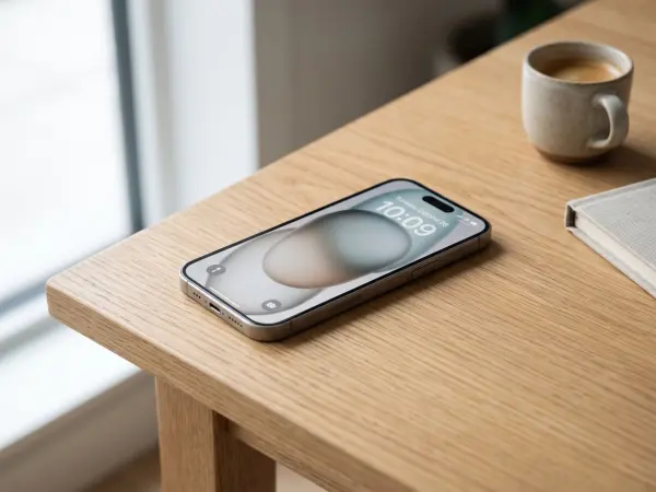 A close-up, low-angle shot of a modern smartphone lying flat on a clean, light wooden desk. The screen is illuminated, displaying the lock screen with the time '10:09' and a simple abstract wallpaper. In the soft, blurred background, a window, a