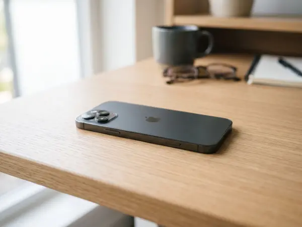 A close-up, low-angle shot of a dark-colored modern smartphone lying flat on a clean, light wooden desk. The focus is on the phone's smooth surface and camera lenses. In the soft, blurred background, a window, a grey coffee mug, glasses, and a notebo