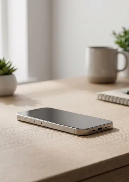 A close-up, low-angle shot of a modern smartphone with a dark screen lying flat on a light wooden desk. The focus is on the metallic edge of the phone. In the soft, blurred background, a window, a white coffee mug, and a spiral notebook are visible in a b
