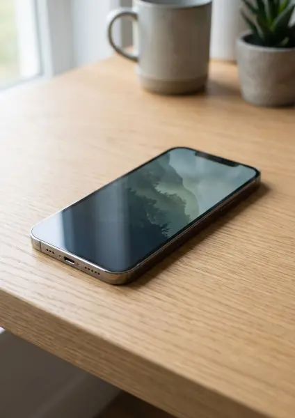 A close-up, high-angle shot of a sleek modern smartphone with a dark screen resting flat on a light wooden desk. Soft natural light from a nearby window illuminates the phone's metallic edge. A white coffee mug and a small potted plant are slightly b
