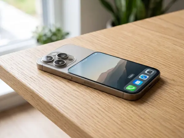 A close-up, low-angle shot of a sleek, light-colored modern smartphone lying flat on a light wooden table. The screen is illuminated, displaying a mountain landscape wallpaper and a few app icons. Soft natural light comes from a window in the blurred back