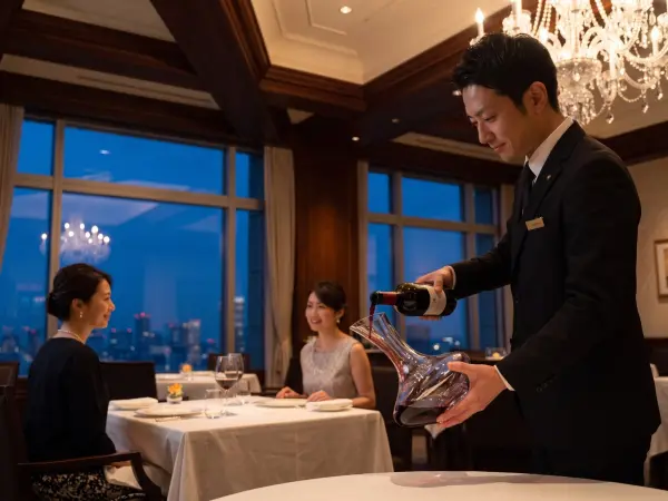 A smiling male sommelier in a dark suit carefully pours red wine from a bottle into a glass decanter at a white-tablecloth table. Two elegantly dressed women sit at the table, smiling, in a luxurious restaurant with large windows showing a city skyline at