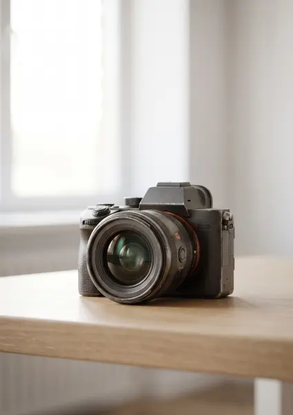 A close-up shot of a black Sony Alpha series mirrorless digital camera with a lens attached, sitting on a smooth, light wooden desk. The camera shows signs of use. The background is a bright, soft, out-of-focus room interior with a window.