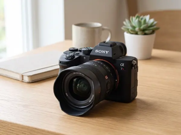 A close-up, slightly high-angle shot of a black Sony Alpha series mirrorless digital camera with a large prime lens attached. The camera sits on a smooth, light wooden table. The background is softly blurred, showing a window, a coffee mug, and a small po