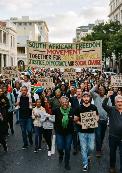 A large, diverse crowd of people marching down a city street. They are holding a large banner reading 'SOUTH AFRICAN FREEDOM MOVEMENT - TOGETHER FOR EQUALITY, PEACE, JUSTICE, DEMOCRACY, AND SOCIAL CHANGE' along with other signs and South African