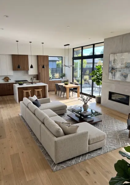 A wide shot of a spacious, light-filled modern living room featuring light hardwood floors, a large beige sectional sofa facing a concrete fireplace wall with a built-in firebox, and a large dining table and kitchen in the background. Expansive glass door