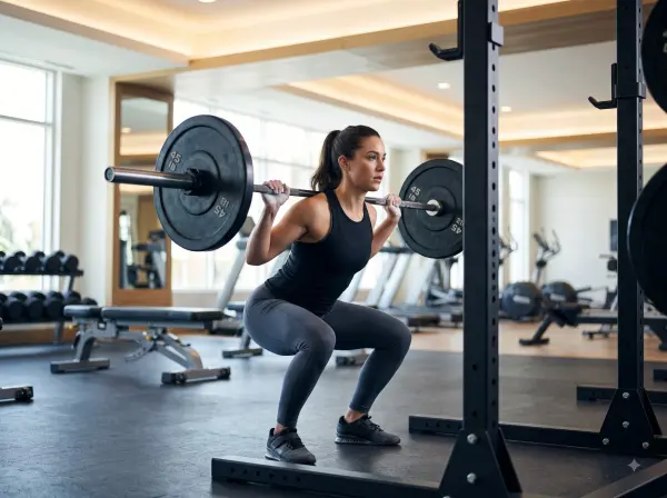 Athletic woman performing a deep barbell squat inside a power rack in a modern gym.