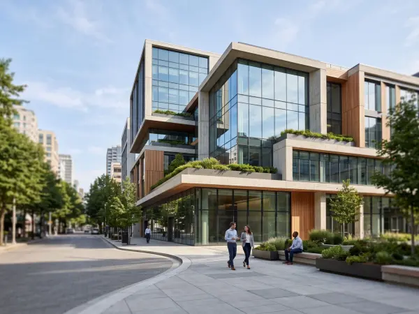 A daytime shot of a contemporary, multi-story office building situated on a clean city street. The architecture blends concrete, warm wood paneling, and large glass windows. The building features several stepped terraces planted with lush green bushes and