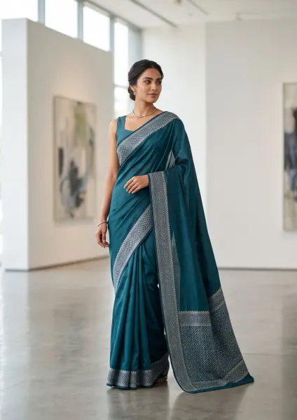 A full-length portrait of a beautiful Indian woman wearing a sophisticated deep teal saree with silver geometric embroidery, standing gracefully in a bright, spacious modern art gallery.