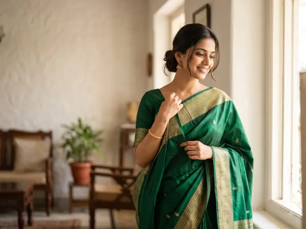 Graceful Indian woman in a green silk saree standing by a bright window indoors.