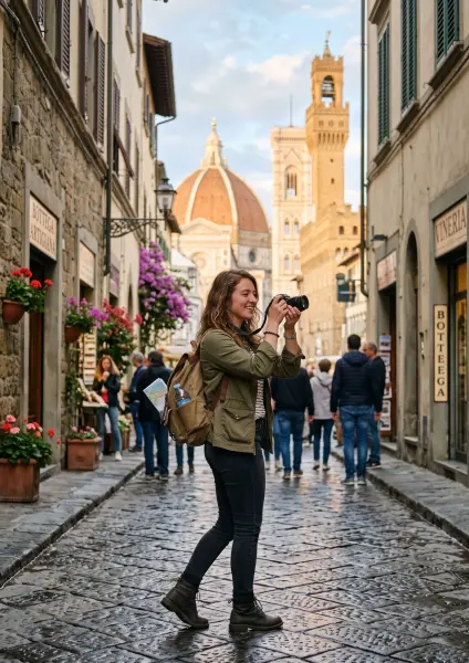 A smiling young woman with a backpack stands on a wet cobblestone street, holding a camera up to take a picture. In the background, the iconic dome and bell tower of the Florence Cathedral (Duomo) are visible under a cloudy sky.