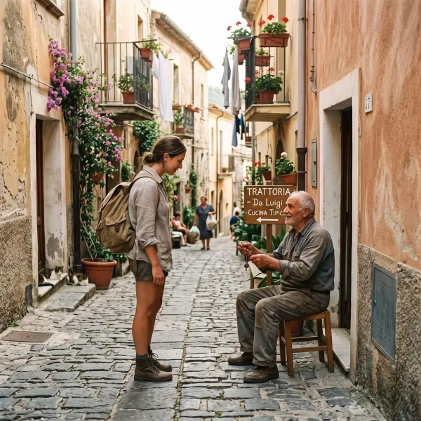 A smiling young woman wearing a backpack stands on a narrow, historic cobblestone street lined with old buildings, talking pleasantly with an older local man who is sitting on a wooden chair outside a restaurant with a sign reading 'TRATTORIA - Da Lu