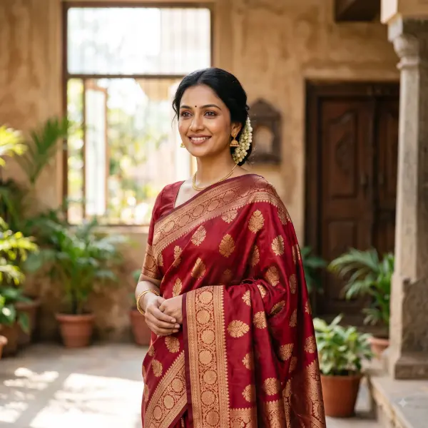 Smiling Indian woman in a traditional maroon silk saree with gold motifs standing in a heritage courtyard.
