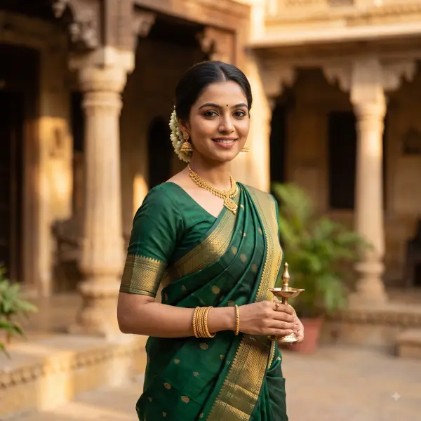 Elegant Indian woman in a green silk saree holding a traditional brass oil lamp in a courtyard.
