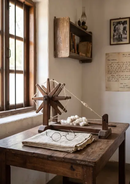 A vintage still life featuring a wooden charkha spinning wheel, a folded piece of rough khadi cloth, and iconic round wire-rimmed glasses resting on a rustic wooden table near a window.
