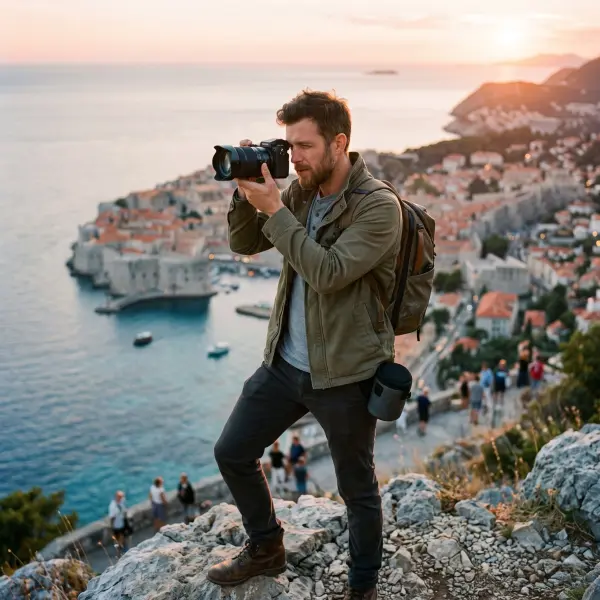 A man wearing an olive green jacket and carrying a canvas backpack stands on a rocky overlook, looking through the viewfinder of a DSLR camera. Behind him is the stunning walled coastal city of Dubrovnik, Croatia, bathed in the golden light of sunset over