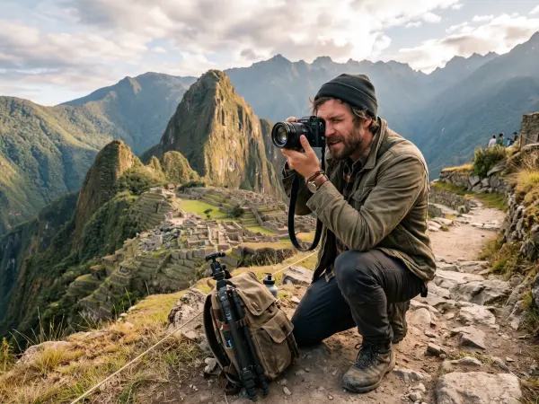 A man wearing a beanie and green jacket kneels on a dirt path, looking through the viewfinder of a DSLR camera. Next to him is a canvas backpack and tripod. In the background are the dramatic mountain peaks and ancient stone terraces of Machu Picchu.