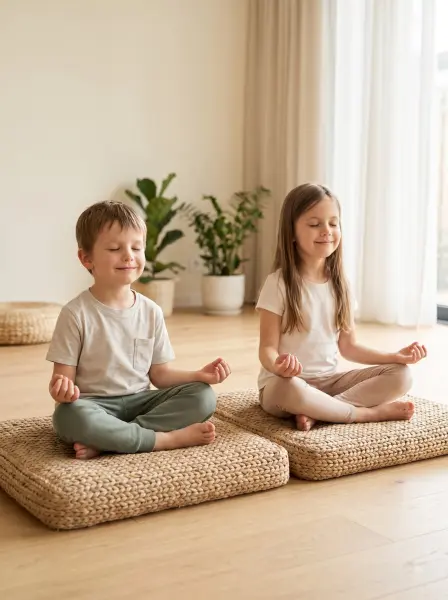 Young boy and girl sitting cross-legged meditating on woven straw cushions in a bright room.