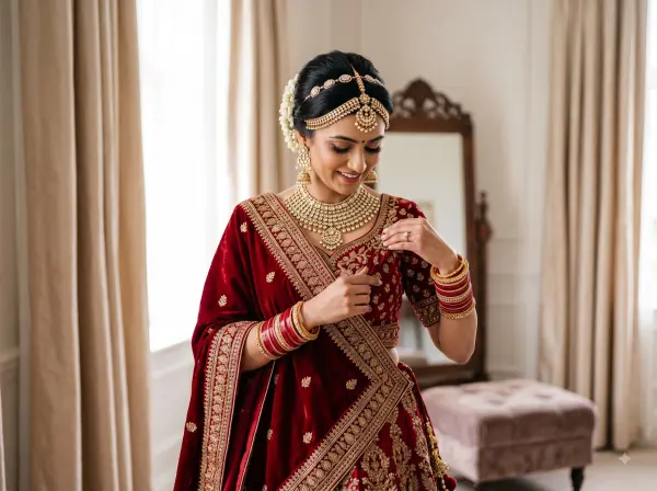 Indian bride in a red velvet lehenga adjusting her necklace in front of a mirror during bridal preparation.