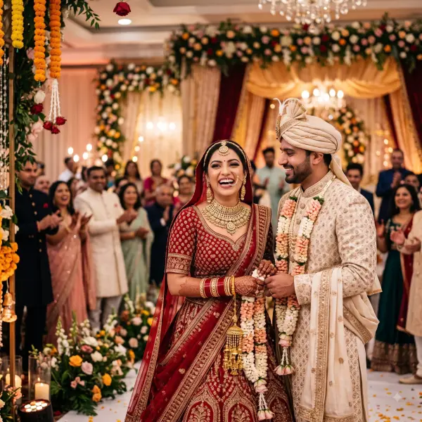 Happy Indian bride and groom laughing during their wedding ceremony under floral decorations.